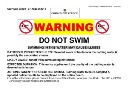 BN2 Bathing Prohibition Notice Temporary  Garryvoe Beach 07 August 2014 CORK COUNTY COUNCIL  WARNING