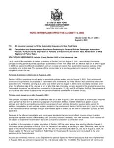 Circular Letter No[removed]Cancellation and Nonrenewable Provisions Pertaining to Personal Private Passenger Automobile Policies, Pursuant to the Expiration of Portions of Insurance Law Section 3425; Restoration of 