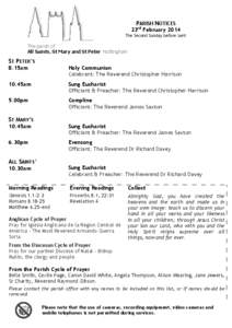 PARISH NOTICES 23rd February 2014 The Second Sunday before Lent