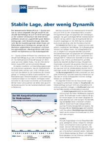 Niedersachsen-Konjunktur I 2016 Stabile Lage, aber wenig Dynamik Die niedersächsische Wirtschaft ist im 1. Quartal nach wie vor robust aufgestellt. Dies gilt sowohl für die