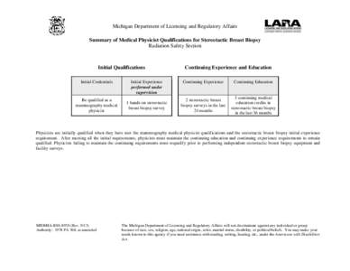 Michigan Department of Licensing and Regulatory Affairs Summary of Medical Physicist Qualifications for Stereotactic Breast Biopsy Radiation Safety Section Initial Qualifications Initial Credentials