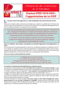 Présentation des orientations de la Présidente Contrat STIF : l’appréciation de la CGT