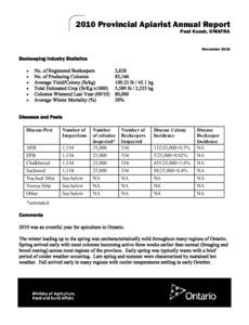 2010 Provincial Apiarist Annual Report Paul Kozak, OMAFRA November[removed]Beekeeping Industry Statistics