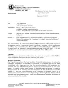 CPSC Staff Response to Commissioner Northup’s Questions Regarding the Notice of Revocation of the Commission’s Previously Approved Definition of “Unblockable Drain”, September 19, 2011