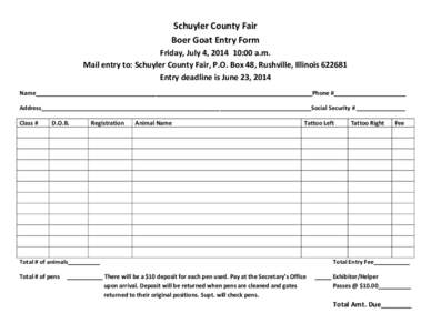Schuyler County Fair Boer Goat Entry Form Friday, July 4, [removed]:00 a.m. Mail entry to: Schuyler County Fair, P.O. Box 48, Rushville, Illinois[removed]Entry deadline is June 23, 2014 Name_________________________________