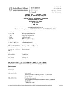 SCOPE OF ACCREDITATION Maxxam Analytics International Corporation BEDFORD LABORATORY[removed]Bluewater Road Bedford, NS B4B 1G9