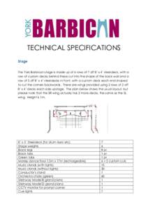 TECHNICAL SPECIFICATIONS Stage The York Barbican stage is made up of 6 rows of 7 off 8’ x 4’ steeldeck, with a row of custom decks behind these cut into the shape of the back wall and a row of 5 off 8’ x 4’ steel