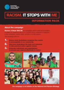 INFORMATION PACK About the campaign Racism. It Stops With Me is a campaign which invites all Australians to reflect on what they can do to counter racism wherever it happens in the workplace, sports clubs, schools or pub