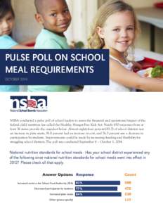 PULSE POLL ON SCHOOL MEAL REQUIREMENTS OCTOBER 2014 NSBA conducted a pulse poll of school leaders to assess the financial and operational impact of the federal child nutrition law called the Healthy, Hunger-Free Kids Act