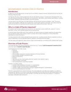 Backgrounder  BACKGROUNDER: REVISED CODE OF PRACTICE Introduction On March 6, 2014 the National Farm Animal Care Council (NFACC) released its revised Code of Practice for the Care and Handling of Pigs (Pig Code).