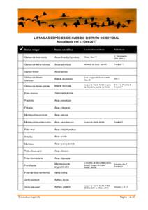 LISTA DAS ESPÉCIES DE AVES DO DISTRITO DE SETÚBAL