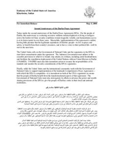 Embassy of the United States of America Khartoum, Sudan For Immediate Release  May 5, 2008