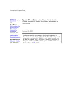 Republic of Mozambique: Letter of Intent, Memorandum of Economic and Financial Policies, and Technical Memorandum of Understanding, December 20, 2013