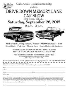 Galt Area Historical Society presents DRIVE DOWN MEMORY LANE CAR SHOW 1972 & Older Vehicles