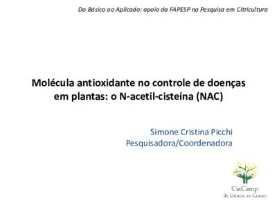 Do Básico ao Aplicado: apoio da FAPESP na Pesquisa em Citricultura  Molécula antioxidante no controle de doenças em plantas: o N-acetil-cisteína (NAC) Simone Cristina Picchi Pesquisadora/Coordenadora