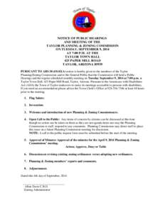 NOTICE OF PUBLIC HEARINGS AND MEETING OF THE TAYLOR PLANNING & ZONING COMMISSION ON TUESDAY, SEPTEMBER 9, 2014 AT 7:00 P.M. AT THE TAYLOR TOWN HALL