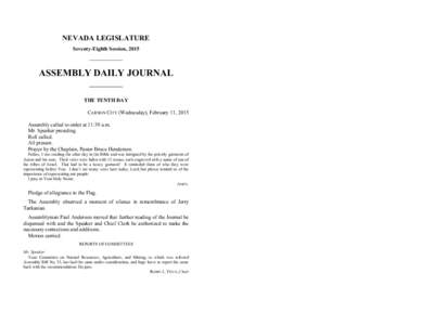 NEVADA LEGISLATURE Seventy-Eighth Session, 2015 ASSEMBLY DAILY JOURNAL THE TENTH DAY CARSON CITY (Wednesday), February 11, 2015