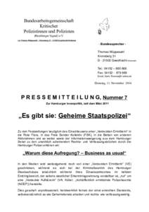 Bundesarbeitsgemeinschaft Kritischer Polizistinnen und Polizisten (Hamburger Signal) e.V. c/o Thomas Wüppesahl • Kronsberg 31 • 21502 Geesthacht-Krümmel