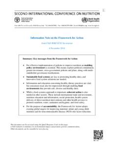 Information Note on the Framework for Action Joint FAO-WHO ICN2 Secretariat 4 November 2014 Summary: Key messages from the Framework for Action •