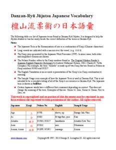 Danzan-Ryū Jūjutsu Japanese Vocabulary  檀山流柔術の日本語彙 The following table is a list of Japanese terms found in Danzan-Ryū Jūjutsu. It is designed to help the Jūjutsu student or teacher easily locate