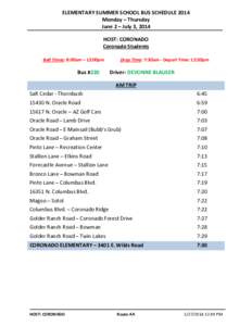 ELEMENTARY SUMMER SCHOOL BUS SCHEDULE 2014 Monday – Thursday June 2 – July 3, 2014 HOST: CORONADO Coronado Students Bell Times: 8:00am – 12:00pm