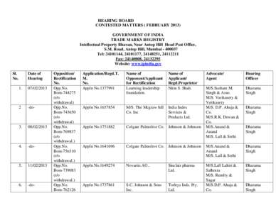 HEARING BOARD CONTESTED MATTERS ( FEBRUARY[removed]GOVERNMENT OF INDIA TRADE MARKS REGISTRY Intellectual Property Bhavan, Near Antop Hill Head Post Office, S.M. Road, Antop Hill, Mumbai[removed]