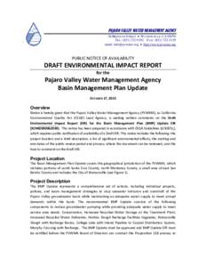 PAJARO VALLEY WATER MANAGEMENT AGENCY 36 BRENNAN STREET  WATSONVILLE, CATEL: (FAX: (email:   http://www.pvwater.org  PUBLIC NOTICE OF AVAILABILITY