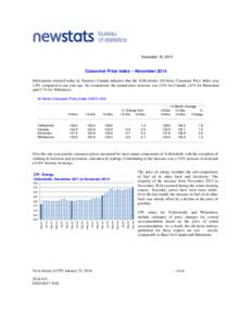 December 19, 2014  Consumer Price Index – November 2014 Information released today by Statistics Canada indicates that the Yellowknife All-Items Consumer Price Index rose 1.9% compared to one year ago. By comparison, t