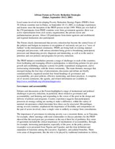 African Forum on Poverty Reduction Strategies (Dakar, September 10-13, 2001) Local teams involved in developing Poverty Reduction Strategy Papers (PRSPs) from 30 African countries met in Dakar, on September 10-13, 2001, 