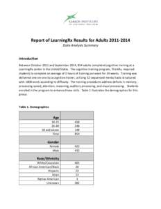 Report of LearningRx Results for AdultsData Analysis Summary Introduction Between October 2011 and September 2014, 854 adults completed cognitive training at a LearningRx center in the United States. The cogni