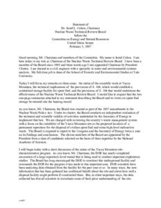 Statement of Dr. Jared L. Cohon, Chairman Nuclear Waste Technical Review Board before the Committee on Energy and Natural Resources United States Senate