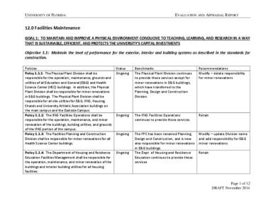 UNIVERSITY OF FLORIDA  EVALUATION AND APPRAISAL REPORT 12.0 Facilities Maintenance GOAL 1: TO MAINTAIN AND IMPROVE A PHYSICAL ENVIRONMENT CONDUCIVE TO TEACHING, LEARNING, AND RESEARCH IN A WAY