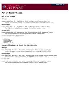 Antoft family fonds How to cite this page APA style Acadia University, Esther Clark Wright Archives[removed]Antoft family fonds. Retrieved <date>, from           Vaughan Memorial Library web site: http://opena