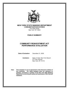 NEW YORK STATE BANKING DEPARTMENT CONSUMER SERVICES DIVISION One State Street New York, NYPUBLIC SUMMARY