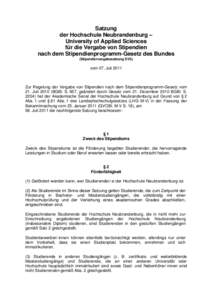 Satzung der Hochschule Neubrandenburg – University of Applied Sciences für die Vergabe von Stipendien nach dem Stipendienprogramm-Gesetz des Bundes (Stipendienvergabesatzung SVS)