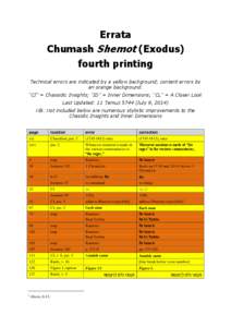 Errata Chumash Shemot (Exodus) fourth printing Technical errors are indicated by a yellow background; content errors by an orange background. “CI” = Chassidic Insights; “ID” = Inner Dimensions; “CL” = A Close