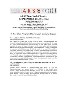 ARSC New York Chapter SEPTEMBER 2013 Meeting 7:00 PM, Thursday, at the CUNY Sonic Arts Center West 140th Street & Convent Avenue, New York or enter at 138th Street off Convent Avenue