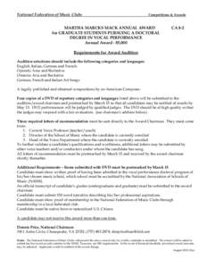 National Federation of Music Clubs  Competitions & Awards MARTHA MARCKS MACK ANNUAL AWARD for GRADUATE STUDENTS PURSUING A DOCTORAL