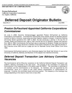 STATE OF CALIFORNIA -- BUSINESS, TRANSPORTATION AND HOUSING AGENCY  DEPARTMENT OF CORPORATIONS ARNOLD SCHWARZENEGGER, Governor