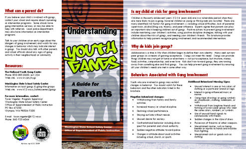 What can a parent do?  Is my child at risk for gang involvement? If you believe your child is involved with gangs, contact your school and inquire about counseling