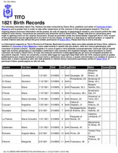 Tito 1821 Births  TITO 1821 Birth Records The following information about Tito, Potenza has been extracted by Grace Olivo, publisher and editor of Comunes of Italy Magazine and is posted here in order to help other resea
