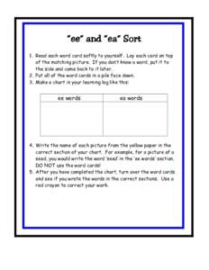 “ee” and “ea” Sort 1. Read each word card softly to yourself. Lay each card on top of the matching picture. If you don’t know a word, put it to the side and come back to it later. 2. Put all of the word cards i
