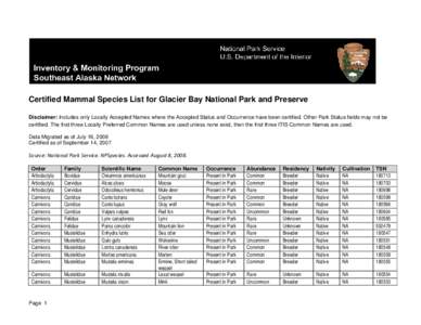 Microsoft Word - Certified Mammal Species List for Glacier Bay National Park and Preserve.docx
