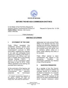 STATE OF NEVADA  BEFORE THE NEVADA COMMISSION ON ETHICS In the Matter of the First-Party Request for Advisory Opinion Concerning the Conduct of Public Officer, Member, City Council,