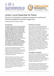 Jordan: Local Capacities for Peace Summary of a workshop on analysis and response to conflicts and tensions emerging from the Syrian refugee crisis Workshop report: Amman, Jordan, June[removed]Introduction