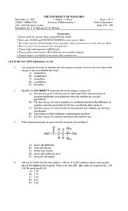 THE UNIVERSITY OF MANITOBA 1:30 pm – 3:30 pm Elements of Biochemistry I December 14, 2012 CHEM / MBIO 2770