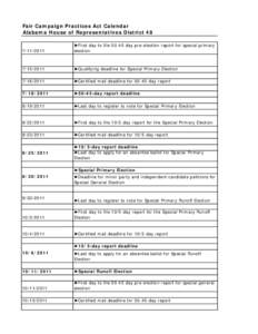 Fair Campaign Practices Act Calendar Alabama House of Representatives District[removed] ►First day to file[removed]day pre-election report for special primary election