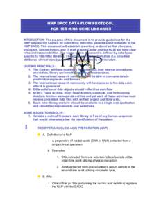 HMP DACC DATA FLOW PROTOCOL FOR 16S rRNA GENE LIBRARIES INRODUCTION: The purpose of this document is to provide guidelines for the HMP sequencing Centers for submitting 16S rRNA gene data and metadata to the HMP DACC. Th