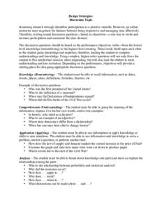 Design Strategies: Discussion Topic eLearning research strongly identifies participation as a positive variable. However, an online instructor must negotiate the balance between being responsive and managing time effecti