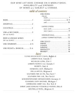 O U R W I N E L I S T D O E S C H A N G E O N A W E E K LY B A S I S . AVAIL ABILIT Y and VINTAGES OF WINES are SUBJECT to CHANGE. table of contents VINI ROSSI